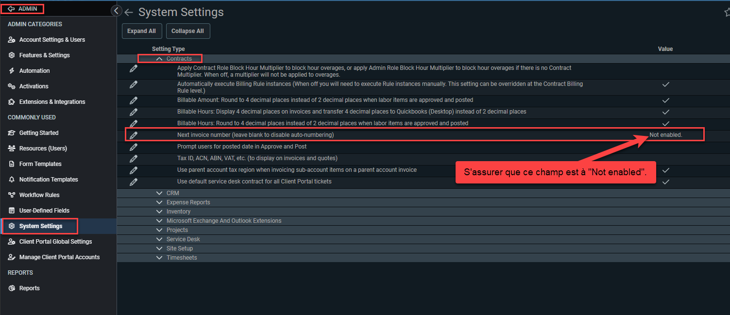 Autotask, System Settings, section Contracts : l'option Next invoice number affiche Not enabled