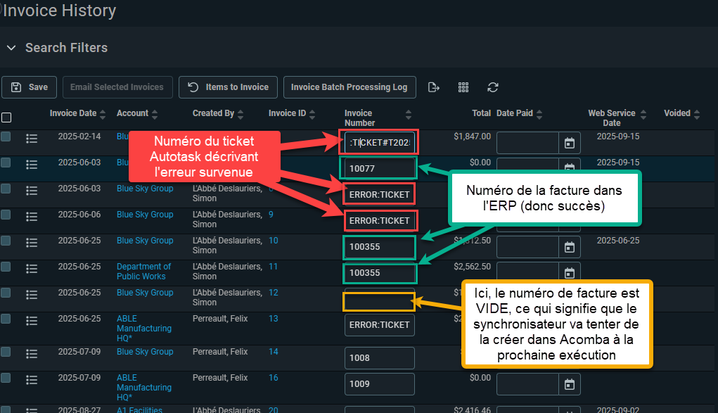 Liste des factures Autotask : le champ Invoice Number porte le numéro de facture Acomba après une synchro réussie, ou le numéro du ticket d'erreur