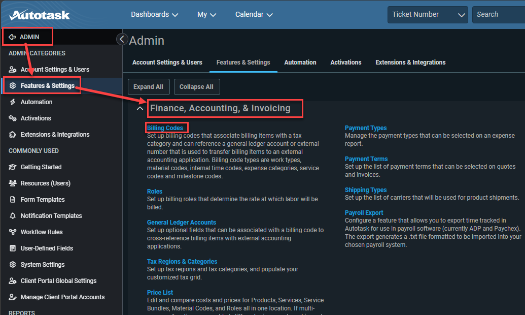Autotask, Features and Settings : accès à la liste des Billing Codes