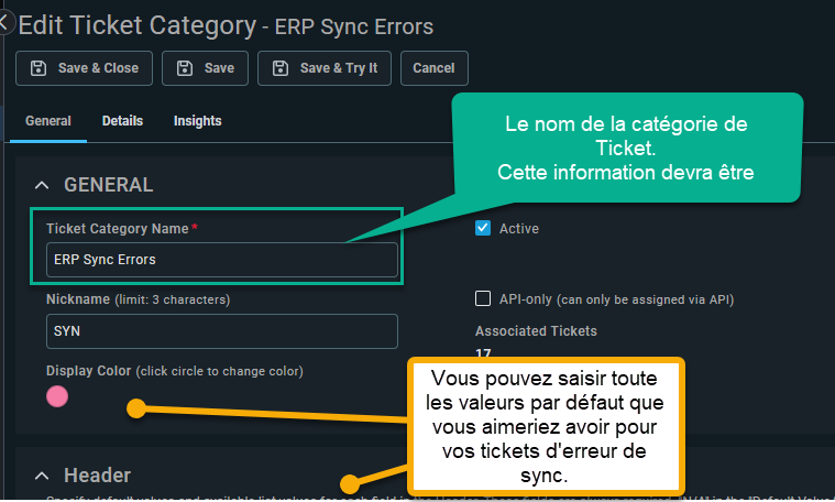 Autotask, édition d'une Ticket Category nommée ERP Sync Errors