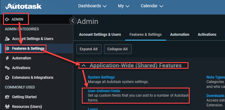 Autotask, accès aux User-Defined Fields, onglets Accounts et Products
