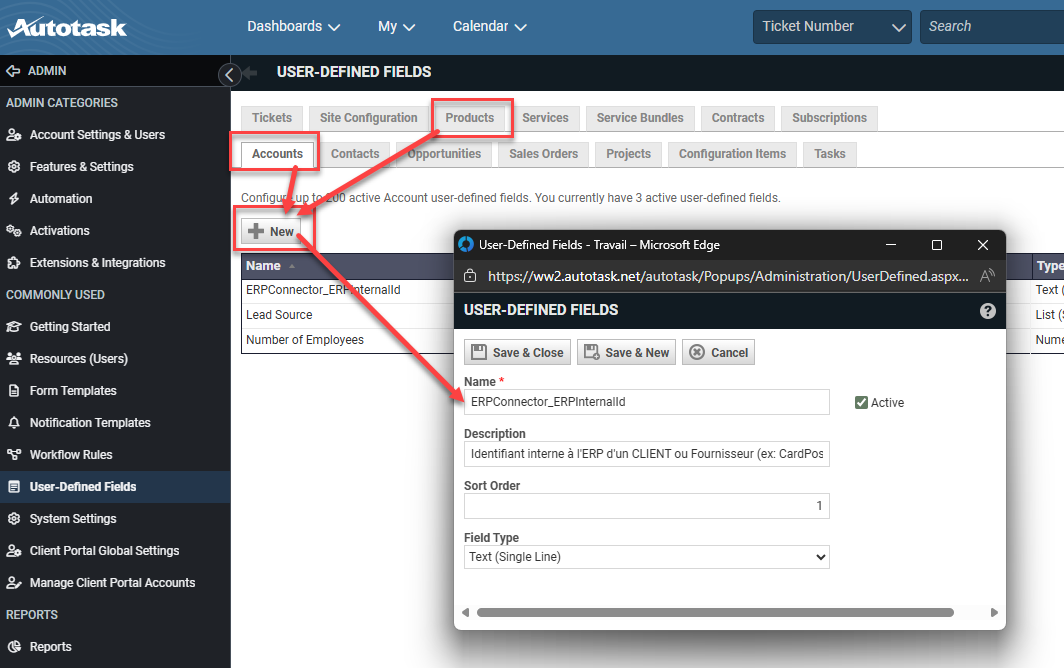Autotask, création du User-Defined Field ERPConnector_ERPInternalId