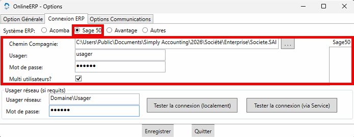 Onglet Connexion ERP, Sage 50 sélectionné : Chemin Compagnie (fichier .SAI), Usager, Mot de passe, case Multi utilisateurs
