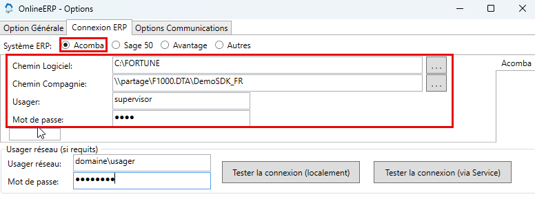 Onglet Connexion ERP, Acomba sélectionné : Chemin Logiciel, Chemin Compagnie, Usager, Mot de passe