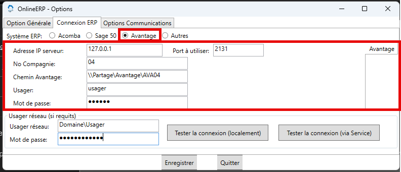 Onglet Connexion ERP, Avantage sélectionné : Adresse IP serveur, Port à utiliser, No Compagnie, Chemin Avantage, Usager, Mot de passe