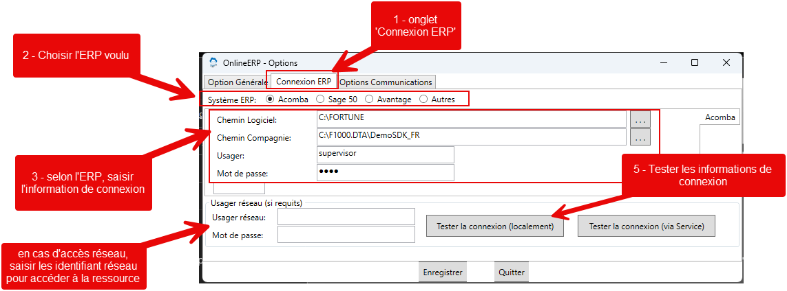Fenêtre Options d'OnlineERP, onglet Connexion ERP, annotée : 1 l'onglet, 2 le choix de l'ERP, 3 les informations de connexion, l'usager réseau si requis, 5 les boutons de test