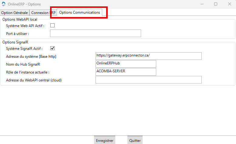 Robot OnlineERP : onglet « Options Communications », champ « Adresse du système (Base http) »