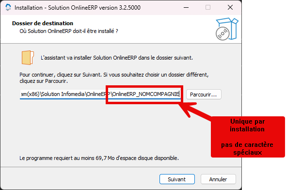 Assistant d'installation OnlineERP, écran Dossier de destination : le dernier segment du chemin est le nom de l'instance, unique par installation