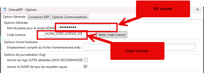 Fenêtre Options d'OnlineERP, onglet Option Générale : Mot de passe pour le mode ADMIN (clé secrète) et Code Licence