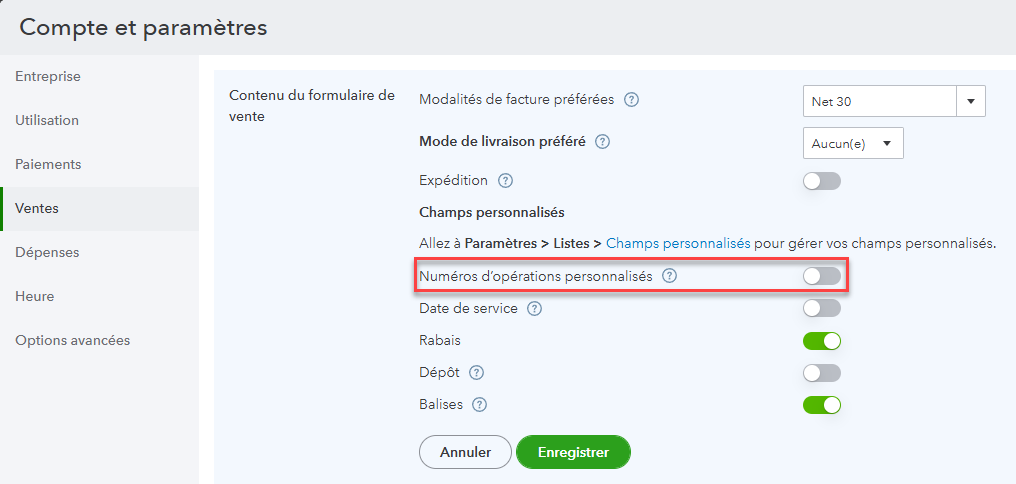 QuickBooks Online, Compte et paramètres, section Ventes : l'option Numéros d'opérations personnalisés désactivée